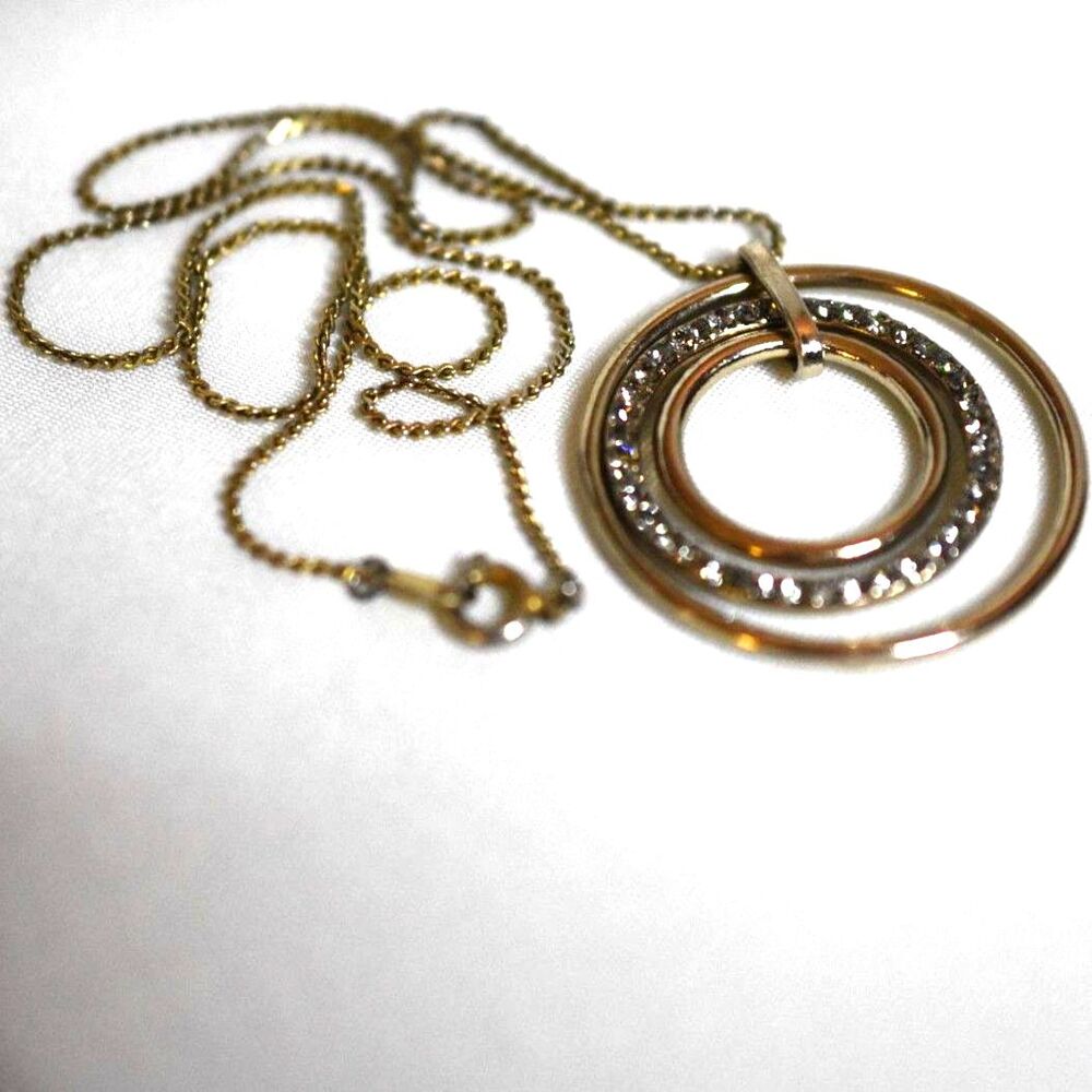 Gorgeous Rhinestone/Gold Tone Circle Design 16" Pendant Statement Necklace
